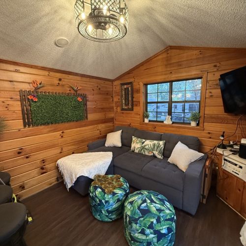 Funky Jungle - Another angle of the cozy living space, showcasing warm wood interiors, jungle-inspired accents, and inviting seating for relaxation or family time.