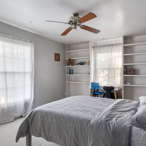 Bedroom 2 has a desk, double bed and trundle pull out bed.