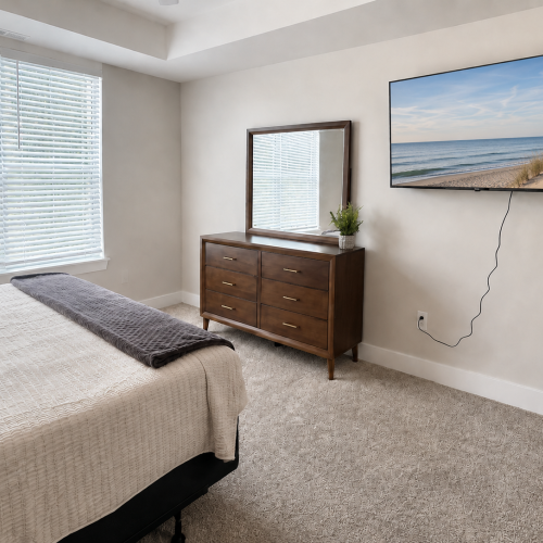 Bedroom with dresser and mirror and TV