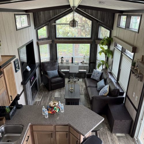 Aerial perspective of the kitchen and living space, designed for easy living and gathering.