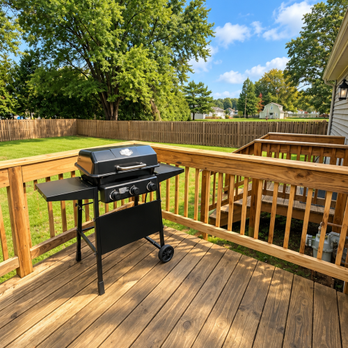 Outdoor grill on the back porch, perfect for enjoying a meal outdoors.