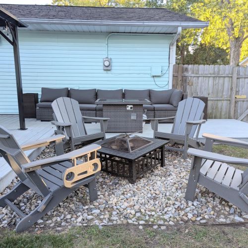 Two fire pit options — gas for convenience, wood for classic campfire vibes!