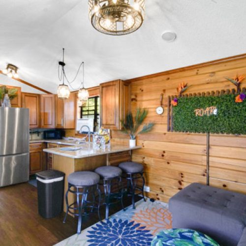Bright kitchen with ample counter space and modern appliances.