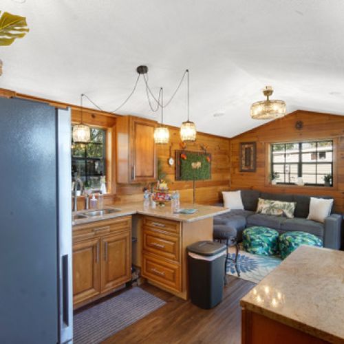 A comfortable cabin living space blending warm wood textures with fun jungle style.