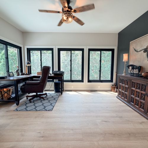 Home office area with a comfortable desk setup for work or study.