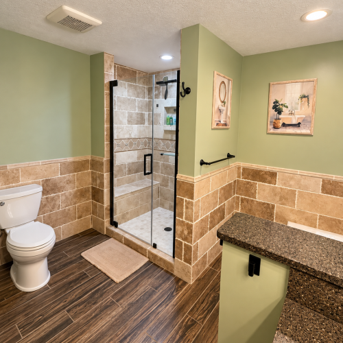 Spacious master bathroom with a walk-in stand-up shower and separate soaking tub.