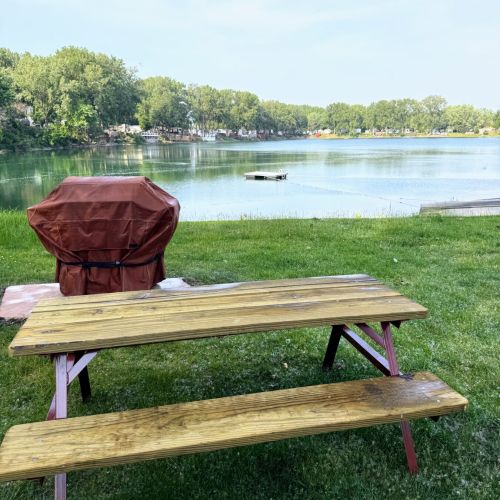 Funky Island - Picnic table and grill area with a serene lake backdrop—perfect for outdoor dining.