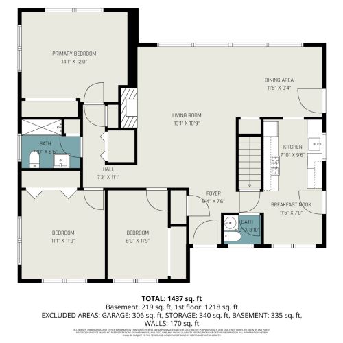 Floor plan showing the main level layout, including kitchen, living spaces, bedrooms, and bathrooms.