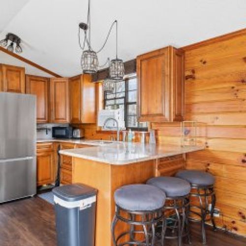 Bright kitchen with ample counter space and modern appliances.