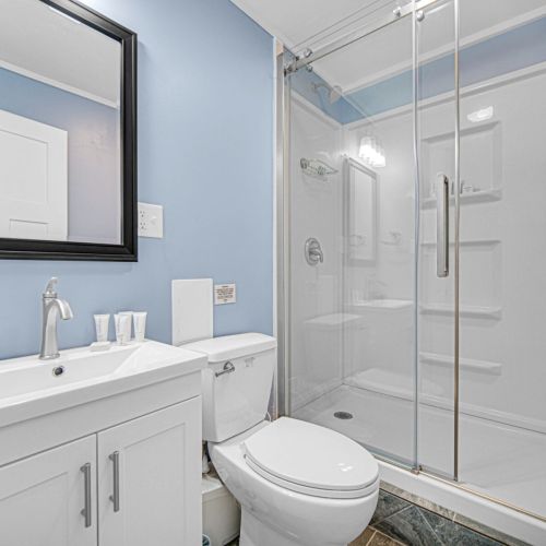 Primary Bedroom Bathroom with walk in shower.
