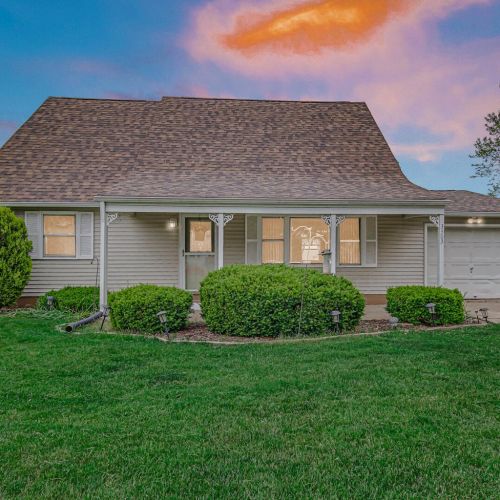 Sunset view of the front of the home.