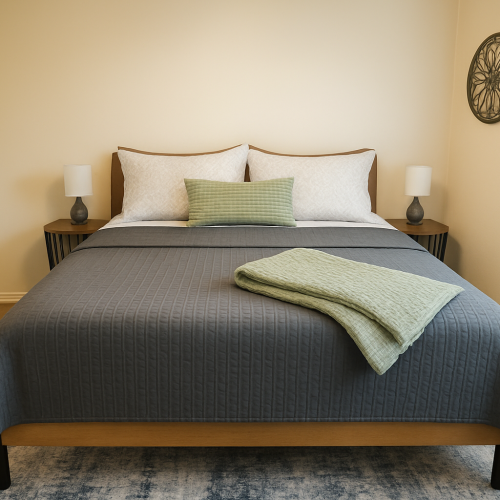 Bedroom with King bed, 2 side tables, 2 lamps, Ceiling Fan, Smart TV & Mirror