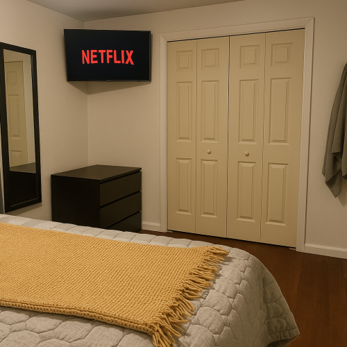 This is bedroom two - with a queen bed, Smart TV, full length mirror and dresser