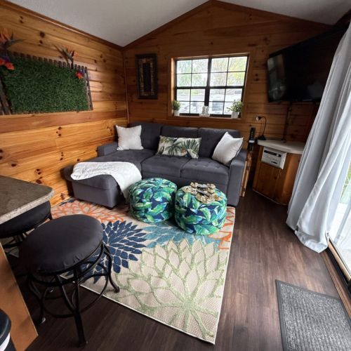 Funky Jungle - A comfortable cabin living space blending warm wood textures with fun jungle style.