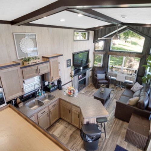 Aerial perspective of the kitchen and living space, designed for easy living and gathering.