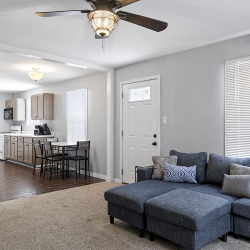 Living room with kitchen view