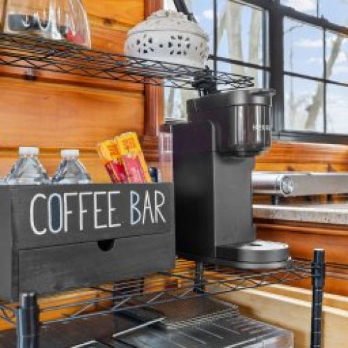 Coffee bar area with a one cup Keurig.