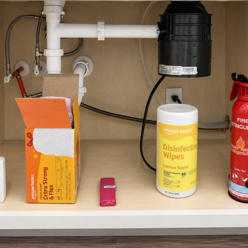 Fire Extinguisher, Wipes, garbage bags and dishwasher rinse