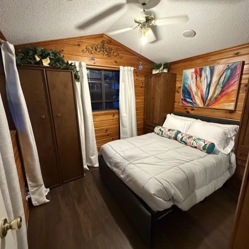 Funky Jungle - Cozy bedroom featuring warm wood walls and subtle jungle accents.