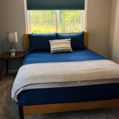 Bedroom with Queen Bed, Side Table, Lamp, Closet & Dresser