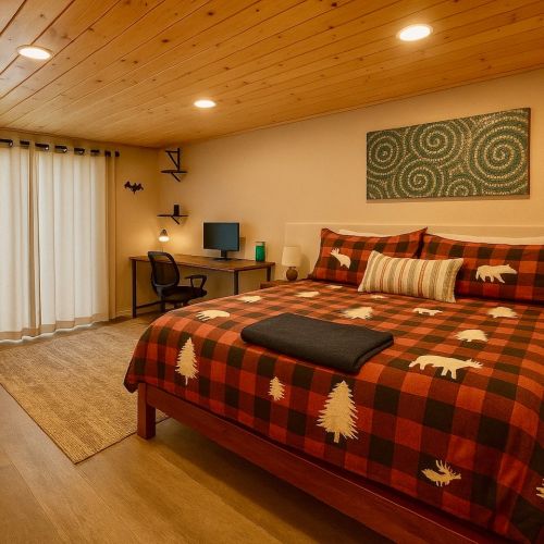 This lower level bedroom has a desk, chair & printer, a king bed, two side tables and a Smart TV