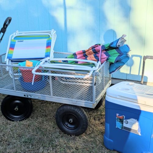 Beach day made easy with wagon, cooler, and gear ready to go.
