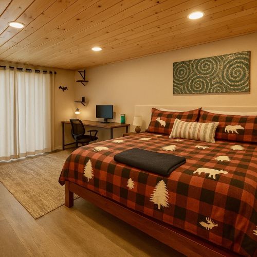 This lower level bedroom has a desk, chair & printer, a king bed, two side tables and a Smart TV