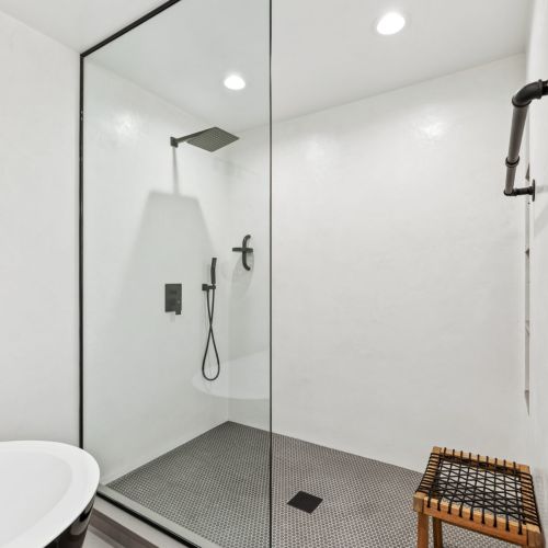 Willow on the Pond - Spacious walk in shower with waterfall sprayer head and extra handheld sprayer.