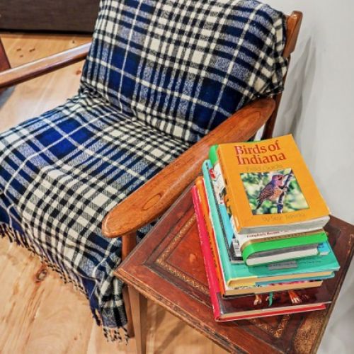 Comfortable reading chair with books