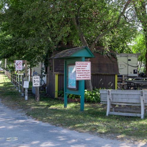 Photo of the campground signage, helping guests get oriented and highlighting the welcoming atmosphere of the area.