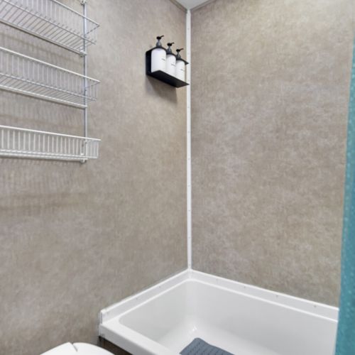 Bathroom with shower, toilet  and essentials