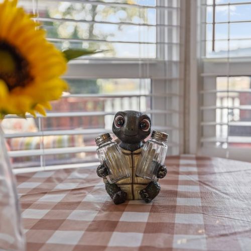 A fun close-up of the turtle-themed salt and pepper shakers, adding a playful touch to your Funky Turtle stay.